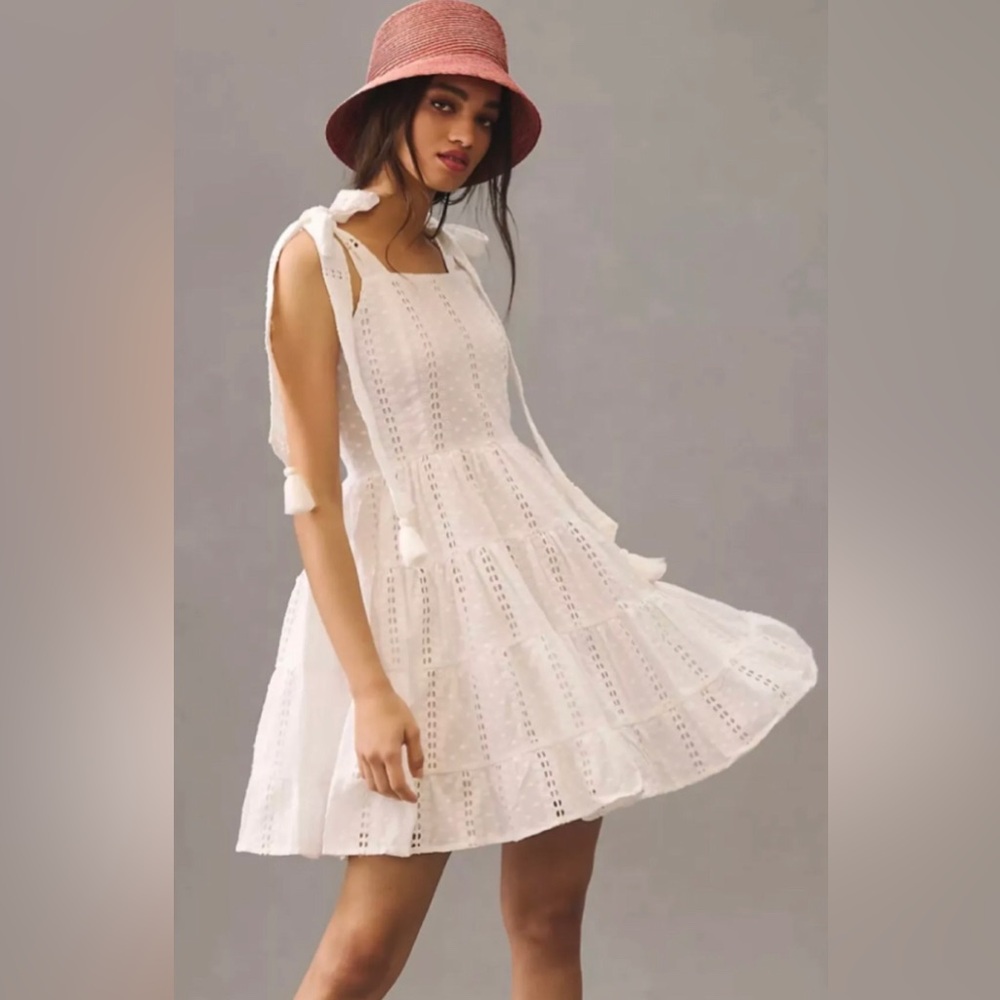 NWT Anthropologie x Mille Shoulder Tie Eyelet Mini Dress with Tassels - Size S